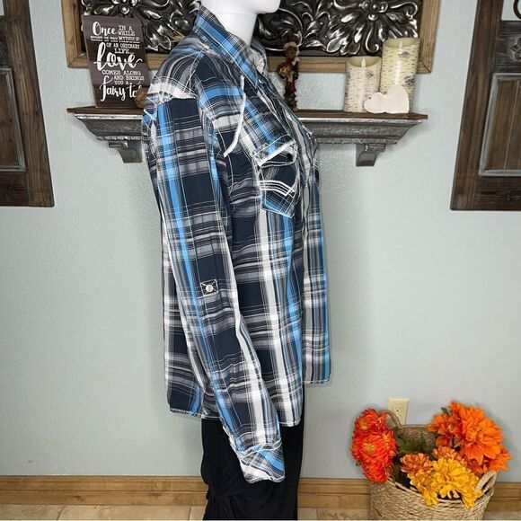 Buckle Black Blue Plaid Long Sleeve Snap DowLarge Men’s - Picture 4 of 16